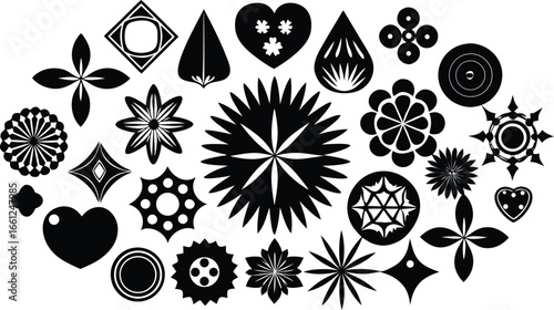 Vector art of diverse collection of black abstract shapes and symbols, including stars, flowers, hearts, and geometric forms, isolated on a