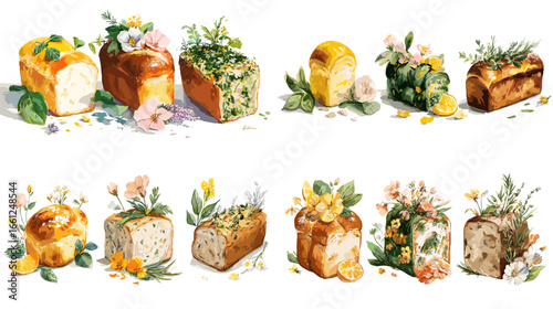 Watercolor illustration of homemade artisan bread decorated with herbs, citrus, and flowers for bakery, food, and organic lifestyle design.