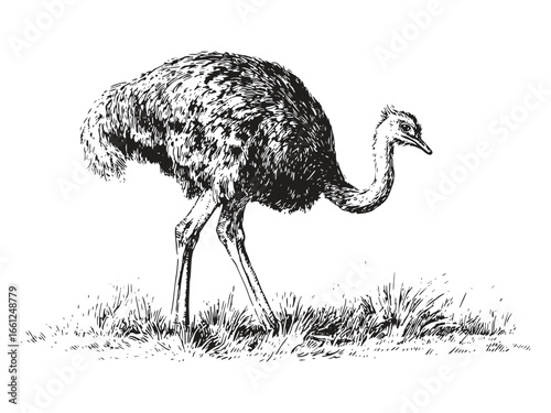Vintage Ostrich Striding Engraving Vector Art Black