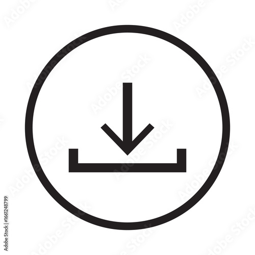 Download icon, black arrow symbol, Save to device icon, Download button vector, Data transfer symbol, File saving graphic, Storage input sign, Digital download emblem, vector.