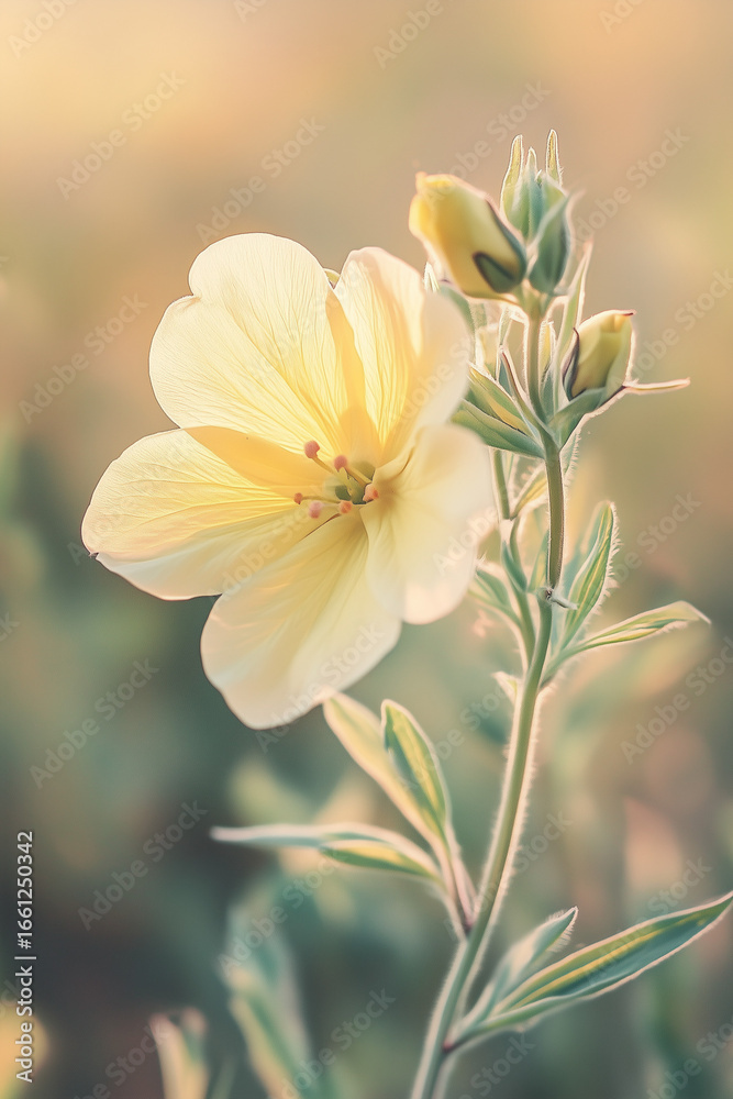 Obraz premium Close-up of delicate yellow wildflowers blooming in a sunlit meadow. Soft natural light highlights the fragile petals and fresh green stems, capturing the beauty of spring, growth, and the serenity of
