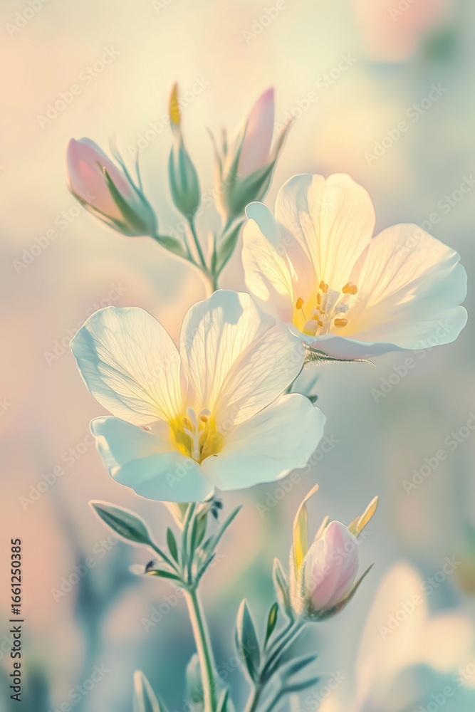 Naklejka premium Close-up of delicate yellow wildflowers blooming in a sunlit meadow. Soft natural light highlights the fragile petals and fresh green stems, capturing the beauty of spring, growth, and the serenity of
