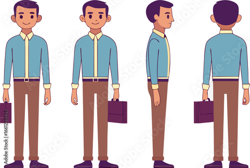 Cartoon Businessman Character Set – Front, Side & Back Views with Briefcase Vector