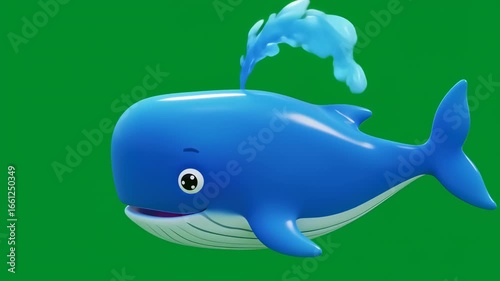 Animated Blue Whale Spouting Water on Green Screen Background - Cartoon Style