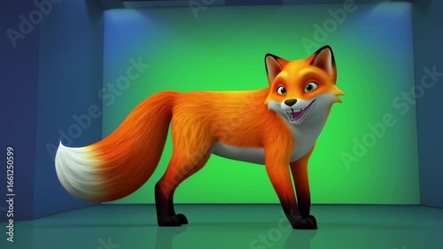 Animated Fox Character Smiling in a Colorful Studio Setting - Cartoon Style