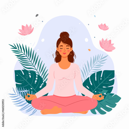 Serene Woman Practicing Meditation in Nature A Wellness Illustration for Mindful Living and Relaxation