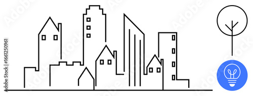 Contemporary cityscape with diverse building styles, geometric tree, and eco-inspired light bulb icon. Ideal for architecture, green energy, urban planning, sustainability, innovation, modern design