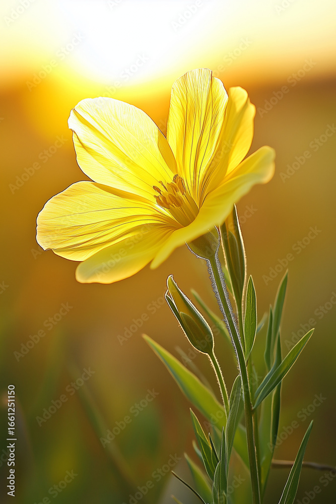 Fototapeta premium Close-up of delicate yellow wildflowers blooming in a sunlit meadow. Soft natural light highlights the fragile petals and fresh green stems, capturing the beauty of spring, growth, and the serenity of