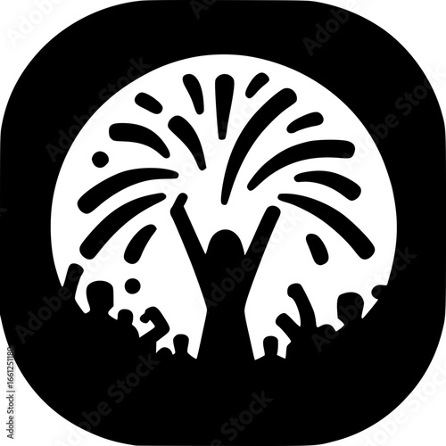 Celebratory Burst: An abstract, monochrome illustration, captures a jubilant silhouette amidst exploding fireworks, celebrating a moment of pure joy and collective celebration.