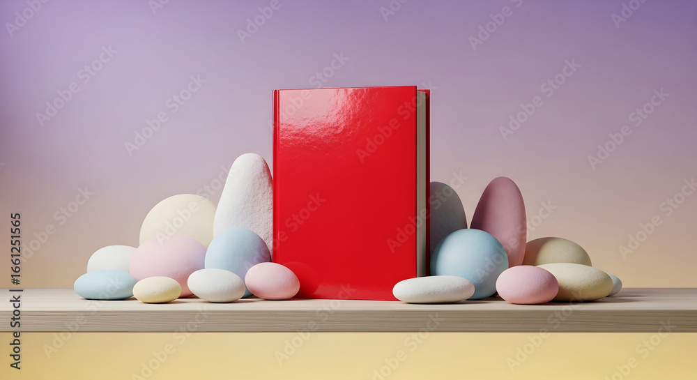Fototapeta premium Red Box with Colorful Candies for Modern Product Photography with Clean and Minimal Design Setup