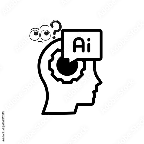 Human Mind Thinking about AI - Vector Icon, A vector icon of a human head with a gear and an AI speech bubble inside. representing the complexity and uncertainty surrounding artificial intelligence.