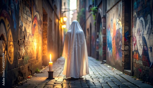 Person in White Sheet Standing Beside Lit Candle in Urban Alleyway