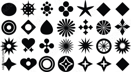 Vector art of a compilation of black geometric shapes and symbols isolated on a, including stars, hearts, diamonds, and circular motifs