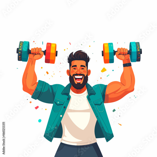 Energetic Bearded Man Lifting Colorful Dumbbells, Celebrating Fitness Achievement with Confetti