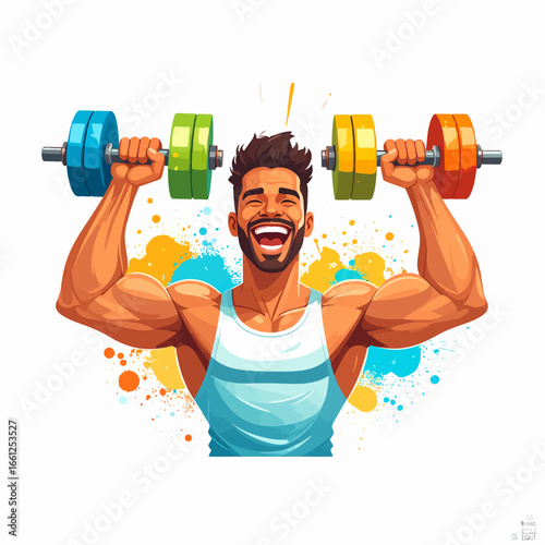 Joyful Fitness A Muscular Man Lifting Colorful Dumbbells with a Big Smile