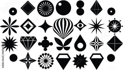 Vector art of collection of various black geometric shapes and abstract symbols isolated on a