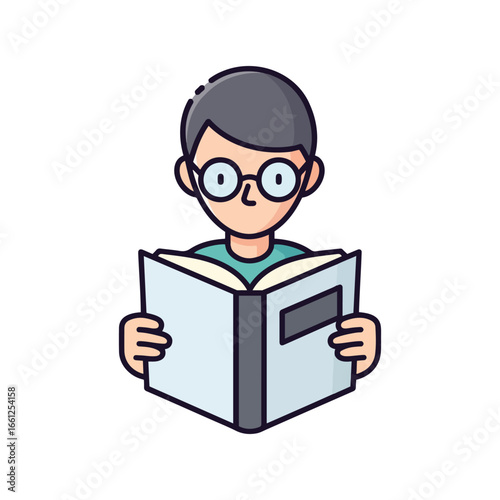 A young person with glasses reading a large open book, absorbed in the text.