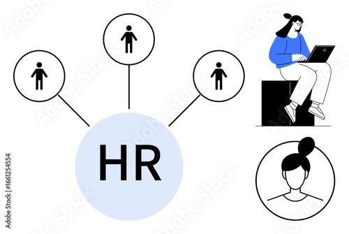 HR circle connects to people icons, woman working on laptop, profile avatar. Ideal for recruitment, teamwork, organizational structure, digital workspace, employee management, talent development
