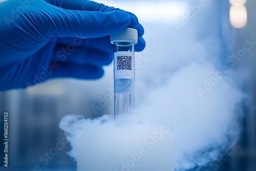 Modern fertility preservation or egg donation involves carefully placing a human egg cell into a liquid nitrogen cryostorage tank within a laboratory test tube
