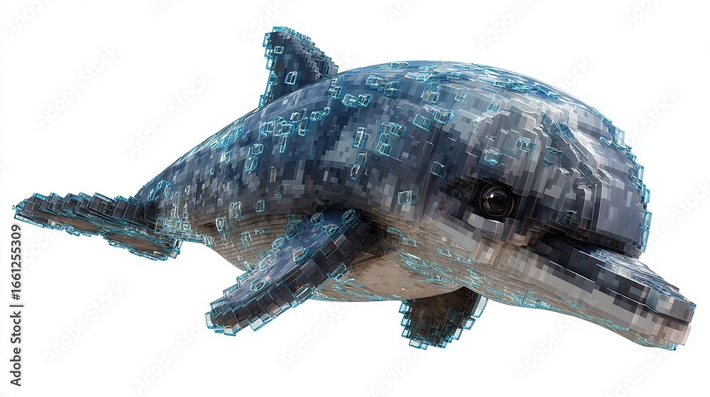 Obraz premium A stylized, 3D rendered dolphin, with a pixelated, translucent appearance and light-blue outlines