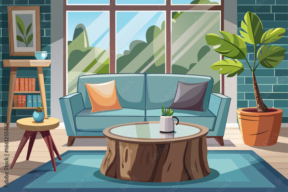 Fototapeta premium Modern living room with a table made of a tree trunk and a coffee table whose base is made of a tree trunk and topped with glass and a unique gray simple sofa. And a gray vase with a beautiful window 