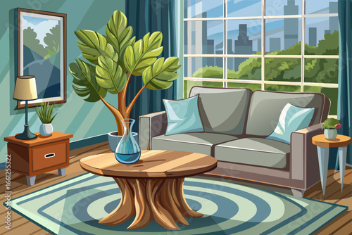 Modern living room with a table made of a tree trunk and a coffee table whose base is made of a tree trunk and topped with glass and a unique gray simple sofa. And a gray vase with a beautiful window 