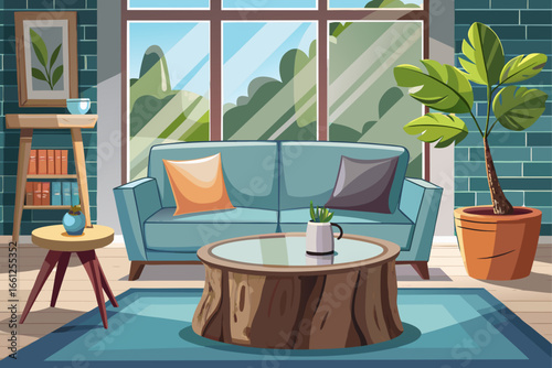 Modern living room with a table made of a tree trunk and a coffee table whose base is made of a tree trunk and topped with glass and a unique gray simple sofa. And a gray vase with a beautiful window 