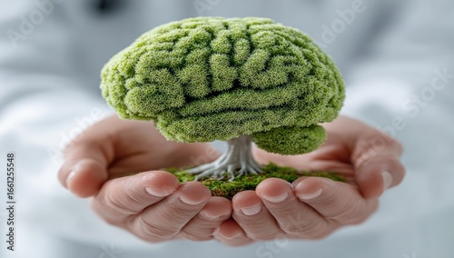 Green brain tree held in hands
