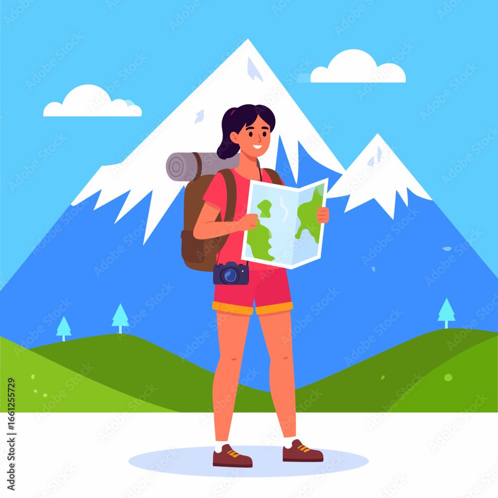 Fototapeta premium Smiling female hiker with backpack and map navigating a stunning mountain landscape, embodying the spirit of travel and exploration.