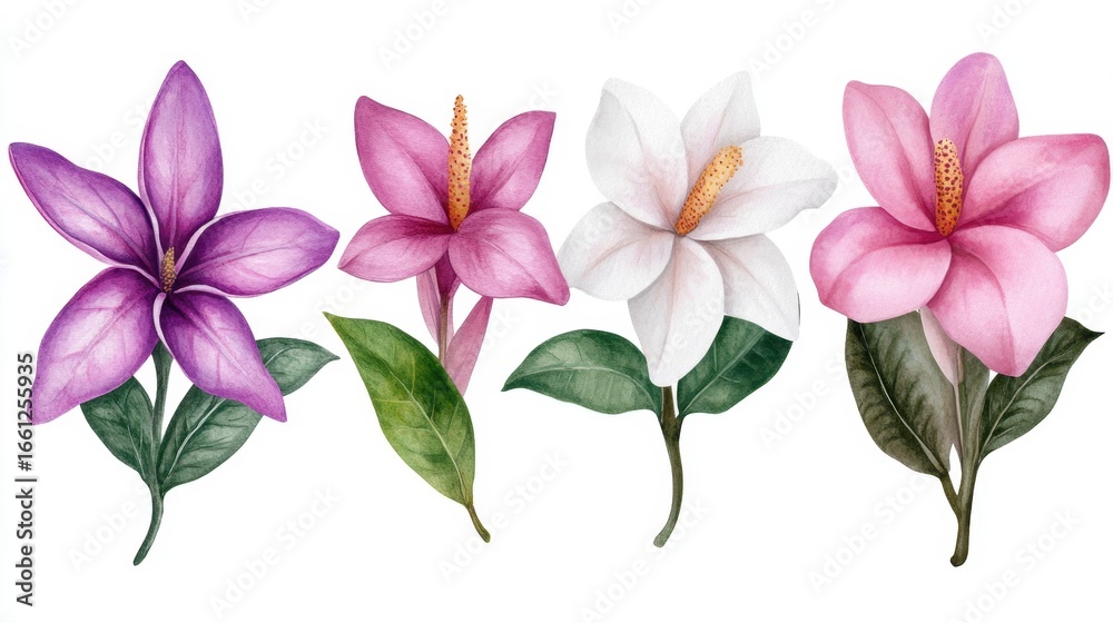 Obraz premium Delicate tropical blooms in watercolor, hand-drawn flowers with bright petals and leaves