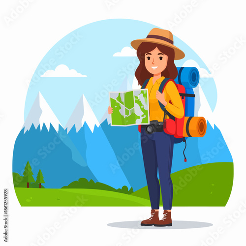 Young female adventurer with a backpack and map enjoys a solo hiking journey in a beautiful mountain landscape. Concept of travel and exploration.