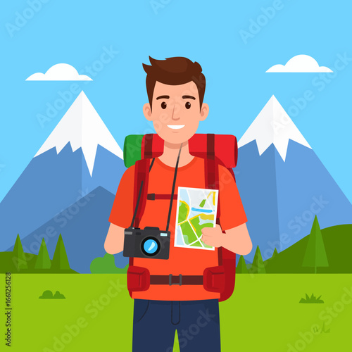 A cheerful male traveler with a backpack, camera, and map, standing in front of majestic mountains, ready for an exciting outdoor adventure and exploration.
