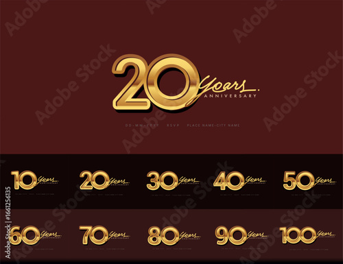 Anniversary logotype design with handwriting golden color includes 10th to 100th years for celebration event, wedding, greeting card, and invitation. Vector illustration.