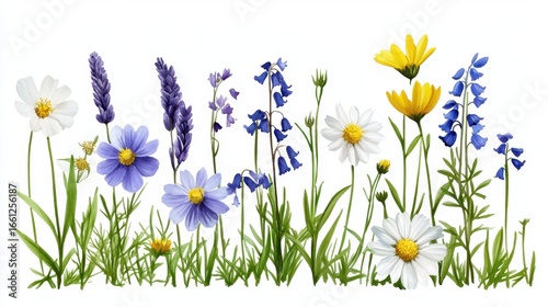 Delicate watercolor drawing of meadow flowers including chamomile and bluebells