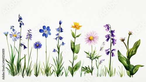 Delicate watercolor drawing of meadow flowers including chamomile and bluebells