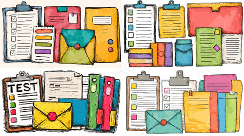 Colorful illustration of office stationery, folders, clipboards, notebooks, binders, and envelopes for education, business, or organization design.