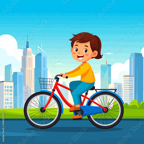Happy cartoon boy riding a red bicycle in the city with a modern skyline background. Vector illustration of a child's healthy outdoor activity.