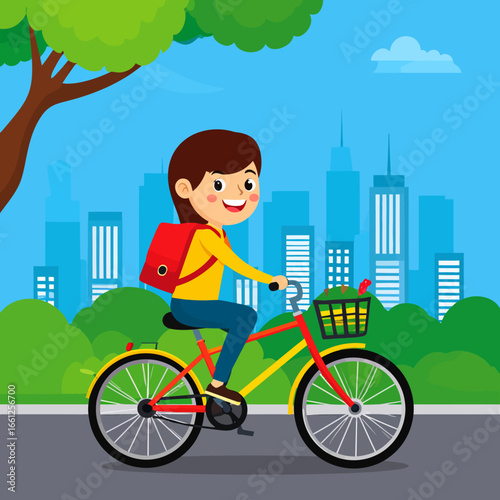 Happy girl riding a bicycle in the city, carrying a backpack, enjoying a sunny day