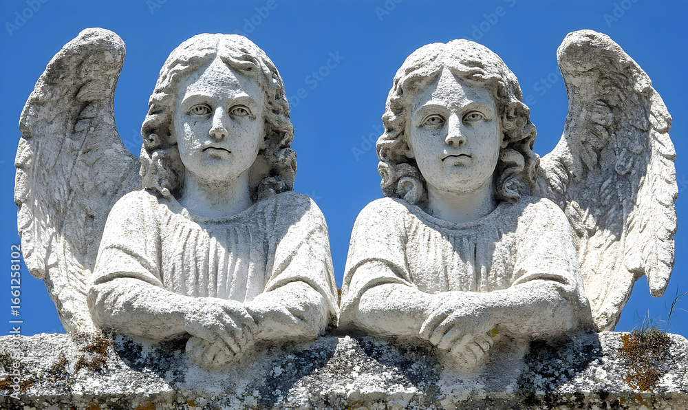 Fototapeta premium Pair of cherubic angel statues bright blue sky background