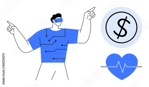 Person wearing VR headset with circuitry-patterned shirt pointing upward, dollar sign and heart with pulse. Ideal for technology, VR, healthcare, finance, innovation, digital transformation, flat