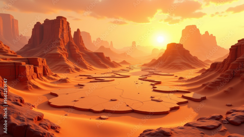 Fototapeta premium Sunset in red canyon with glowing sky and rocky formations in fantasy desert landscape