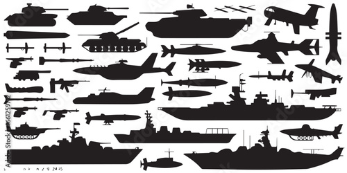 military hardware silhouettes includes tanks aircraft helicopters drones ships submarines missiles artillery vector