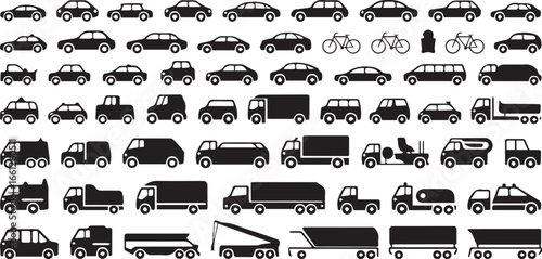 vector vehicle icons silhouette set for cars trucks motorcycles buses vans construction mixers trailers rv transport