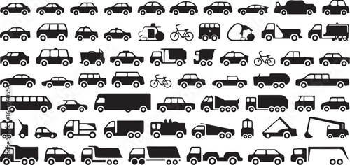 flat transport silhouette icons for cars pickup trucks vans suvs buses motorcycles bicycles and construction machinery