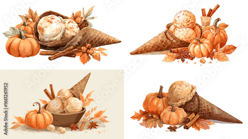 Cozy autumn dessert set with pumpkin spice ice cream in waffle cones and bowls, cinnamon sticks, and fall leaves. Warm watercolor clipart for seasonal menus and Thanksgiving.