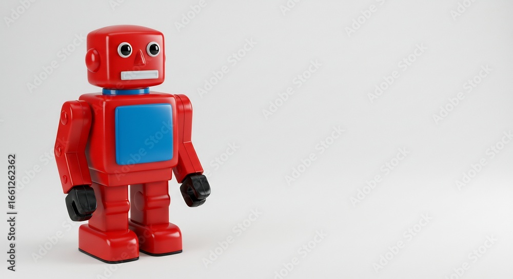 Fototapeta premium 赤いレトロロボット 優しく輝く光を浴びて微笑む. AI Generated