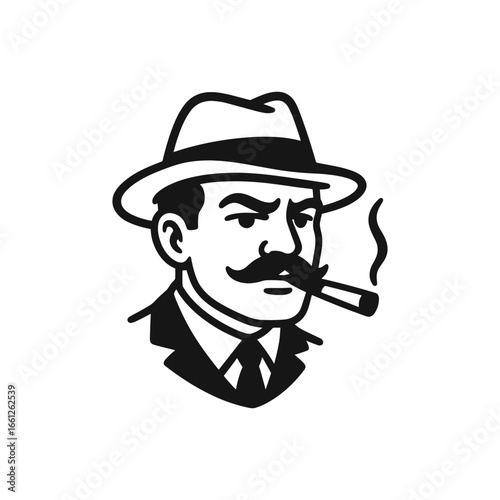 Vector illustration of a retro detective character smoking a cigar, featuring a classic hat and mustache. The image captures the vintage style and mysterious aura typically associated with old-school 