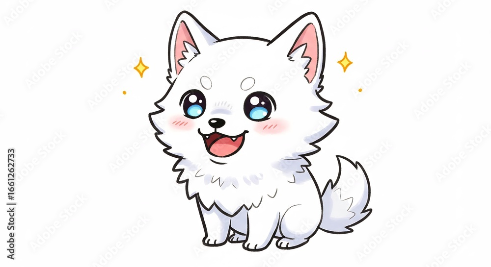 Obraz premium 輝く瞳 愛らしい白い子犬 幸せな笑顔 可愛いイラスト. AI Generated