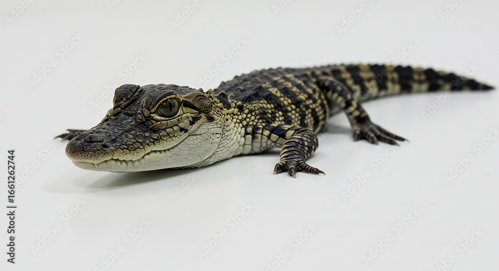 Naklejka premium 子ワニ 白背景 優しい光 包まれた 小さな体. AI Generated