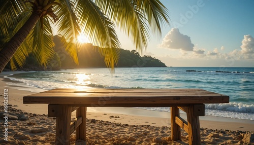 Wooden table top with background tropical beach